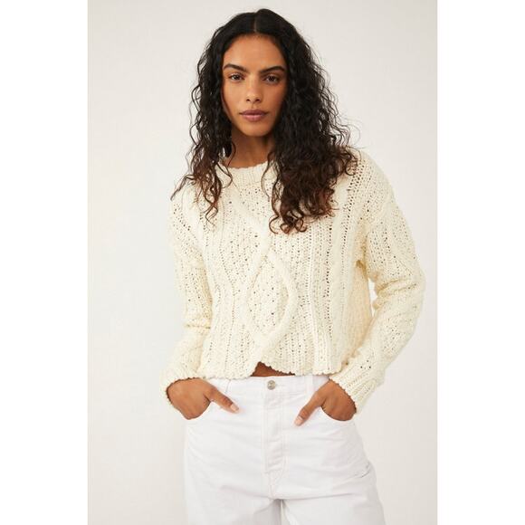 Free People Cutting Edge Cable Knit Pullover Sweater Cream Sz Small - Picture 3 of 10